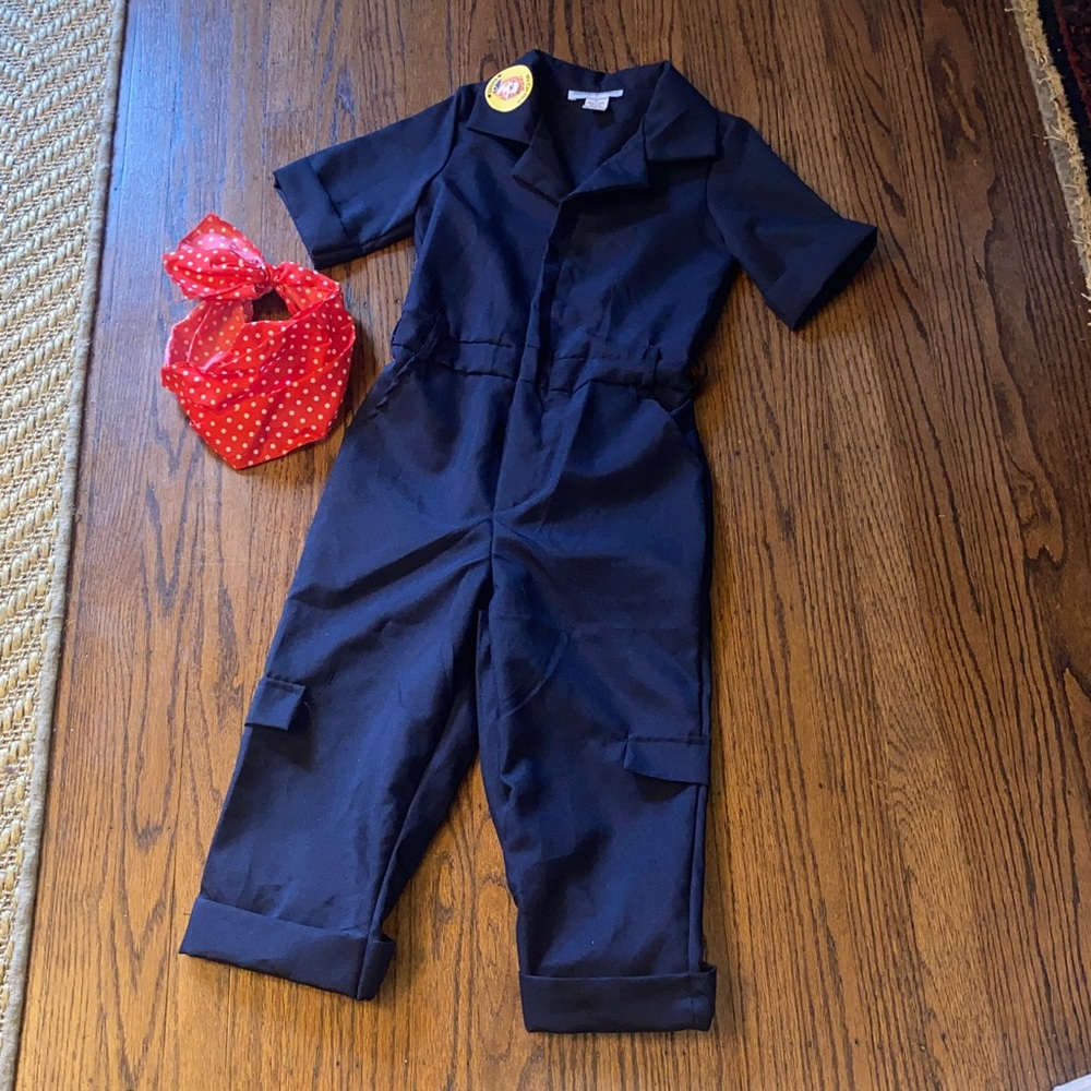 Rosie the riveter two-piece costume. Jumpsuit with Red Polka Dot Accessory.
